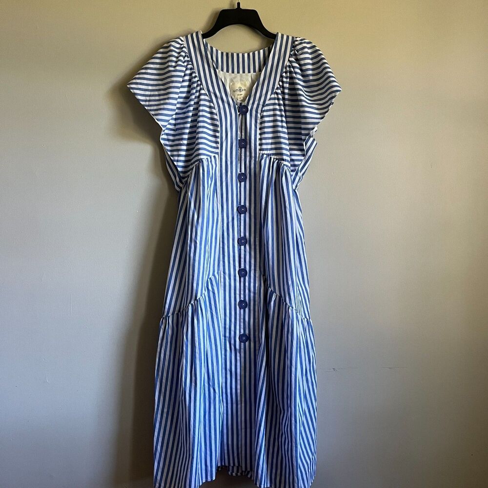 Umgee Striped Button Front Midi Maxi Dress Med Blue White Flutter Sleeve Lined